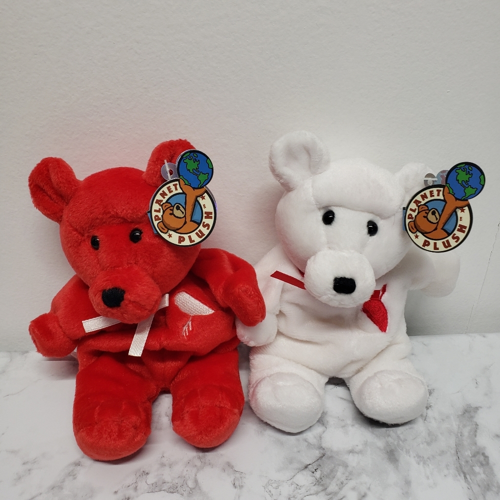 Vintage VAL & TYNE BEARS Valentine Planet Plush Stuffed Animal Bean Bag 1998 Set